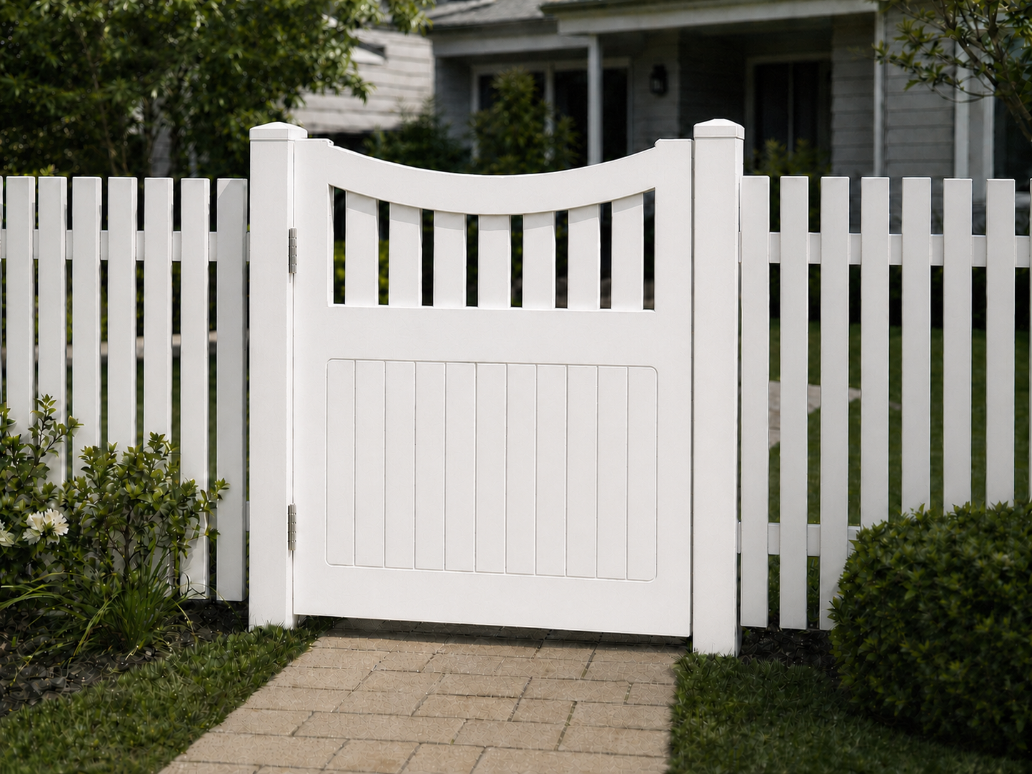 Front view of white Buckingham Classic timber pedestrian gate with flat top