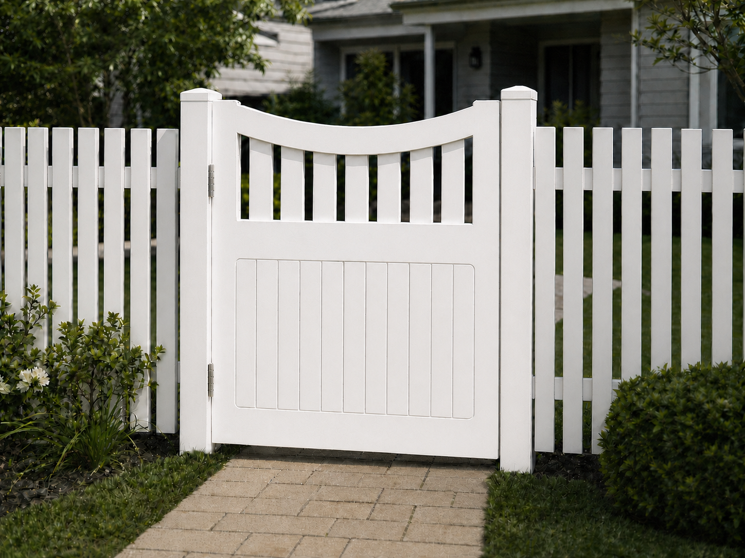 Front view of white Buckingham Classic timber pedestrian gate with flat top
