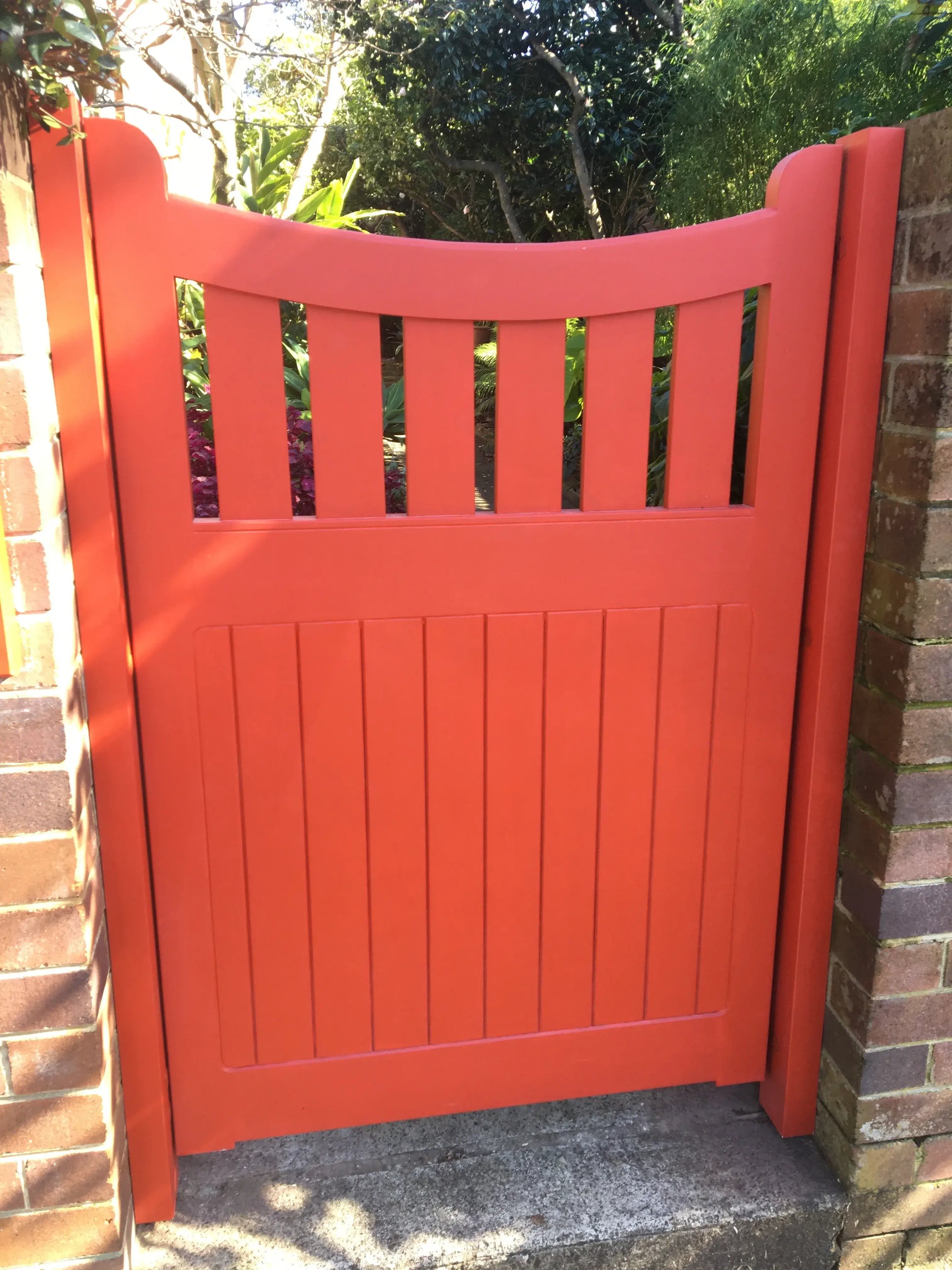 Rear of Buckingham Classic downward-curve pedestrian gate showing A-frame brace