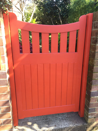 Rear of Buckingham Classic downward-curve pedestrian gate showing A-frame brace