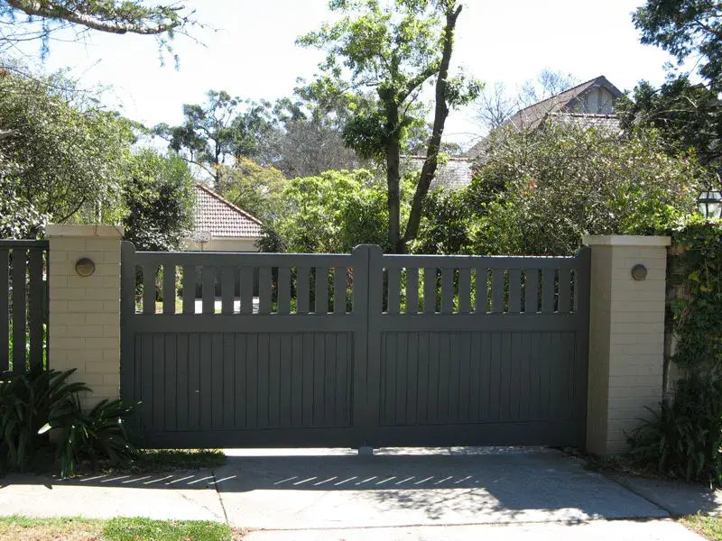 Timber driveway gate pair with picket window, primed