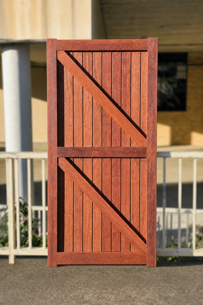 Rear view of Collaroy solid hardwood Merbau pedestrian gate with flat top and no mid rail, showing diagonal bracing