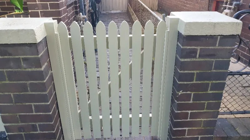 Open timber picket pedestrian gate with full height pickets